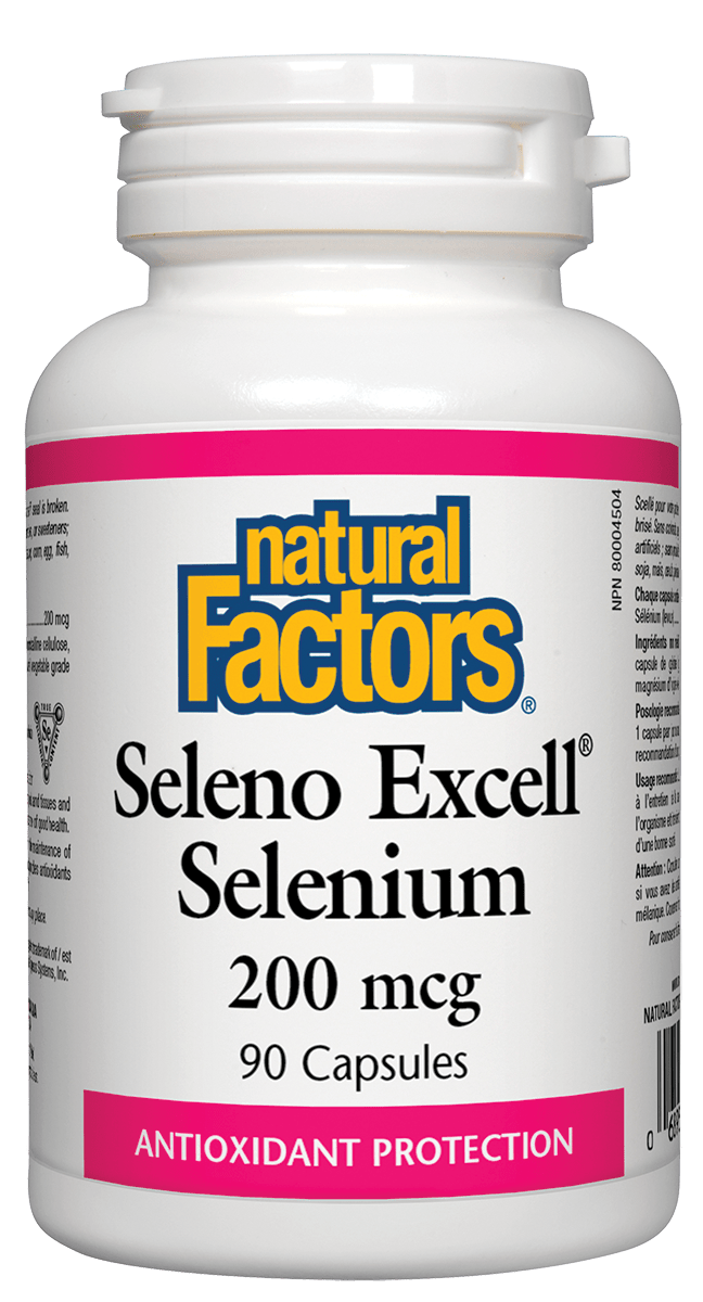 Bottle of Natural Factors SelenoExcell Selenium 200mcg with 90 capsules.