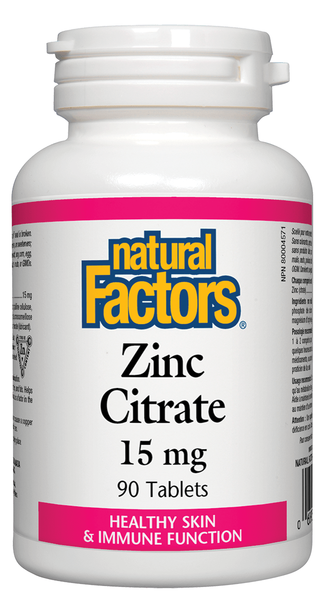 A bottle of Natural Factors Zinc Citrate 15 mg, containing 90 tablets, with a pink label indicating it is a supplement for healthy skin and immune function.
