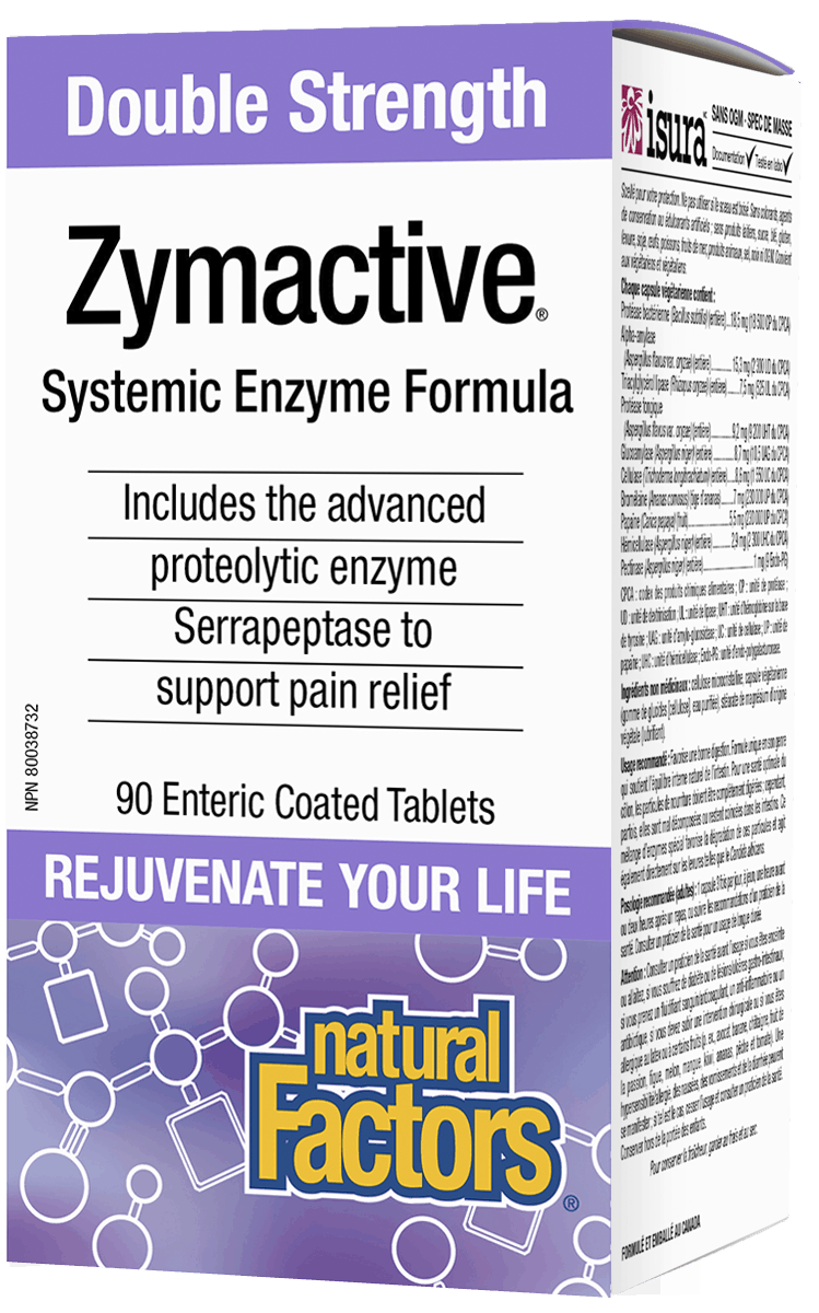 Packaging for Natural Factors Zymactive Double Strength with 90 enteric coated tablets, highlighting its benefits for digestion and immune support.