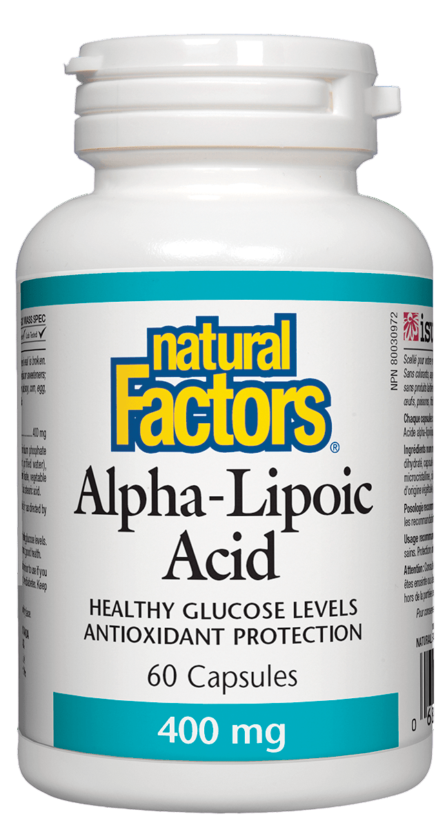 Bottle of Natural Factors Alpha-Lipoic Acid supplement sold by nitvd.com Canada
