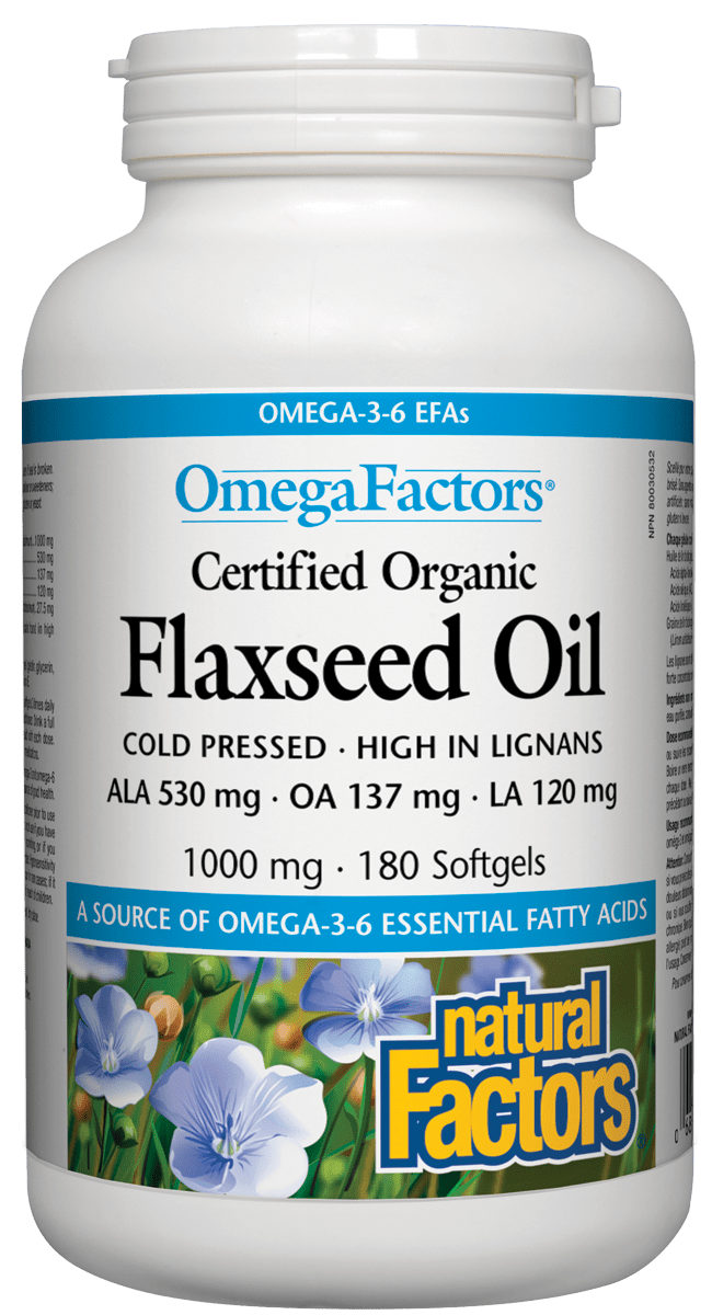 Natural Factors Certified Organic Flaxseed Oil, 1000mg, 180 softgels