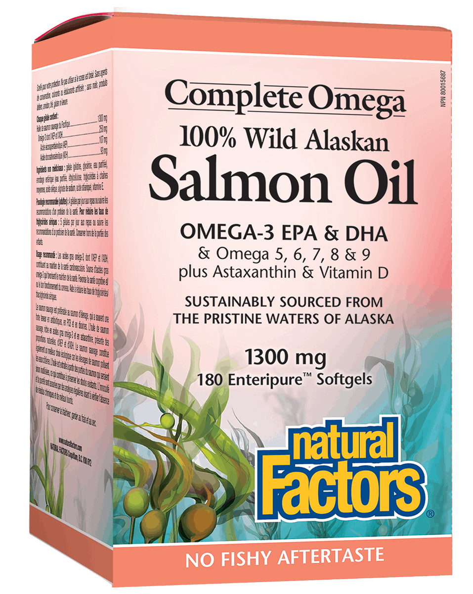 Packaging of Natural Factors Complete Omega 100% Wild Alaskan Salmon Oil, showing the box with softgels inside, and information about the product.