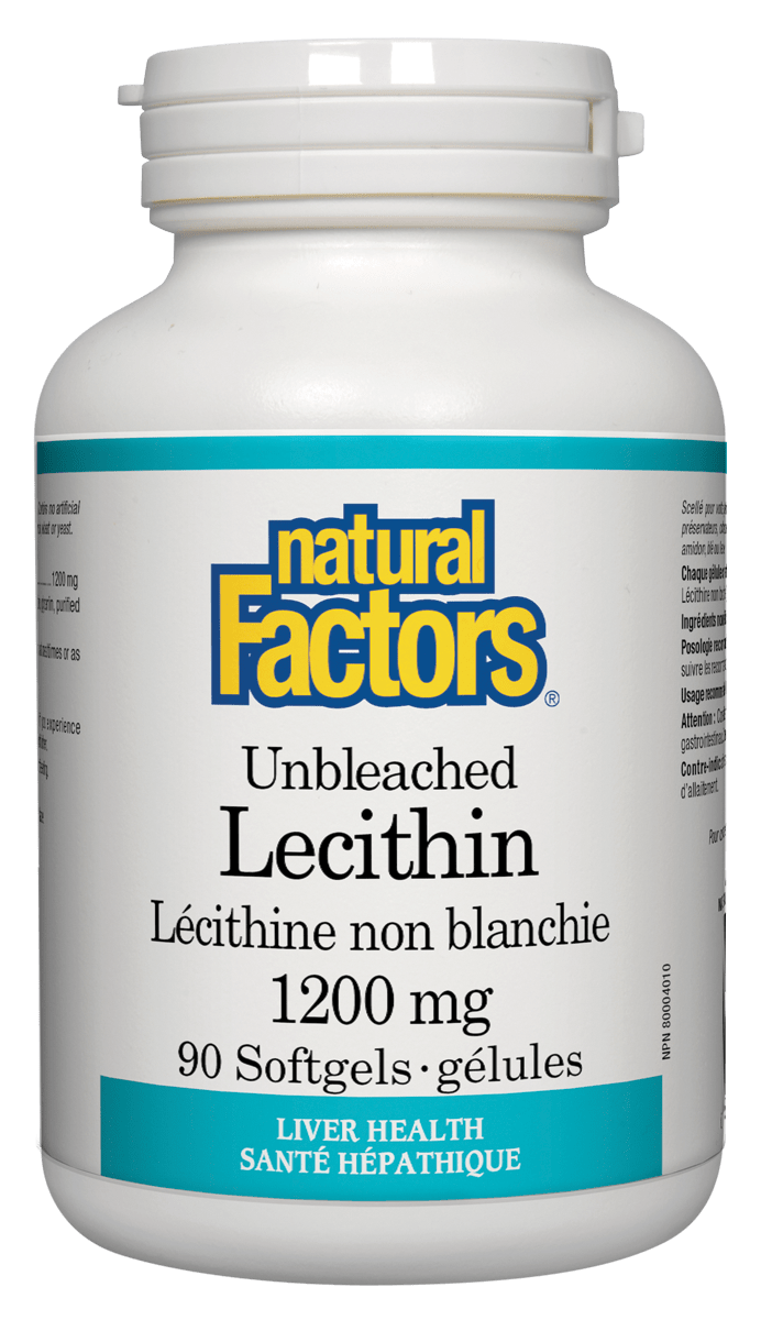 A bottle of Natural Factors Unbleached Lecithin 1200 mg softgels with 90 capsules.
