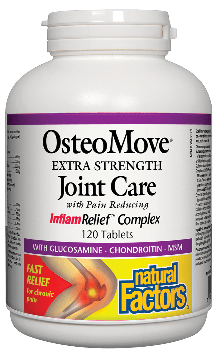 Bottle of Natural Factors OsteoMove Extra Strength Joint Care with 120 caplets, featuring product information and branding.