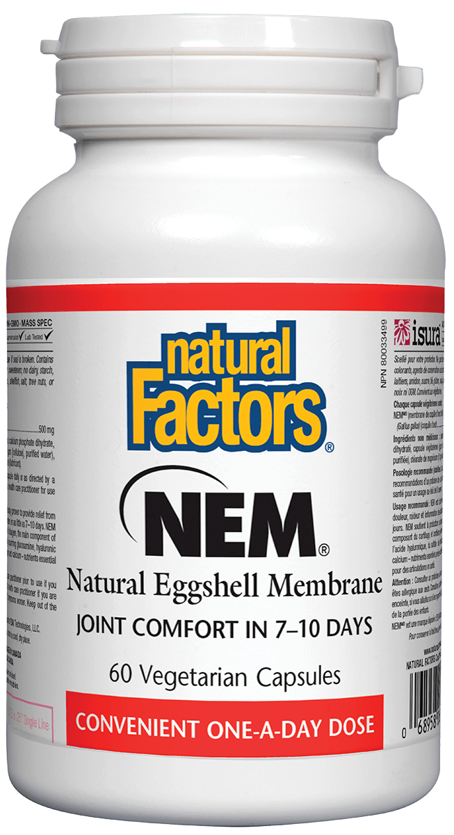 Bottle of Natural Factors NEM Natural Eggshell Membrane, with label stating 'Joint Comfort in 7-10 days' and '60 Vegetarian Capsules'. The bottle is white with red and black text, and the capsules are vegetarian.