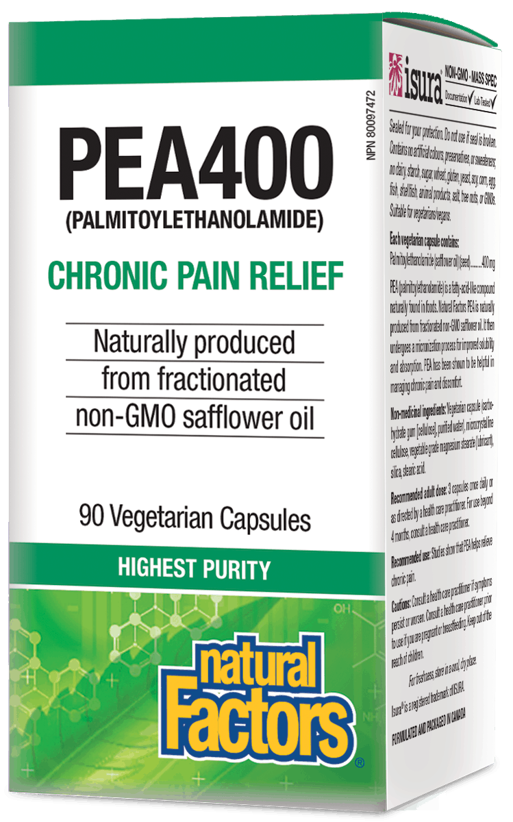 A box of Natural Factors PEA400 Palmitoylethanolamide with 90 Vegetarian capsules for chronic pain relief. The packaging is green and white with product information and branding visible.