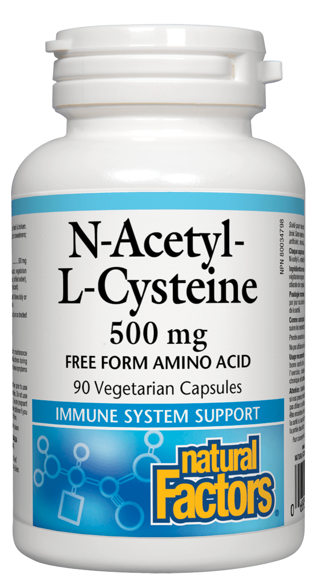 A bottle of Natural Factors N-Acetyl L-Cysteine 500 mg, containing 90 vegetarian capsules, designed for immune system support.