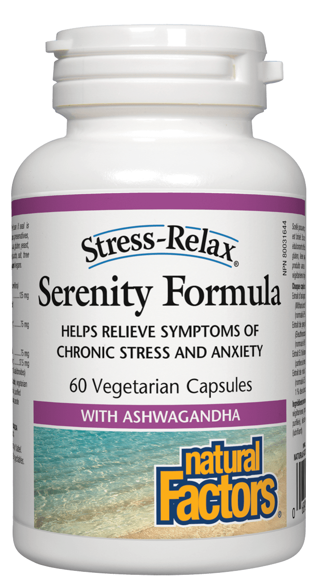 Bottle of Natural Factors Stress-Relax Serenity Formula with 60 vegetarian capsules, featuring key ingredients like ashwagandha and ginseng.