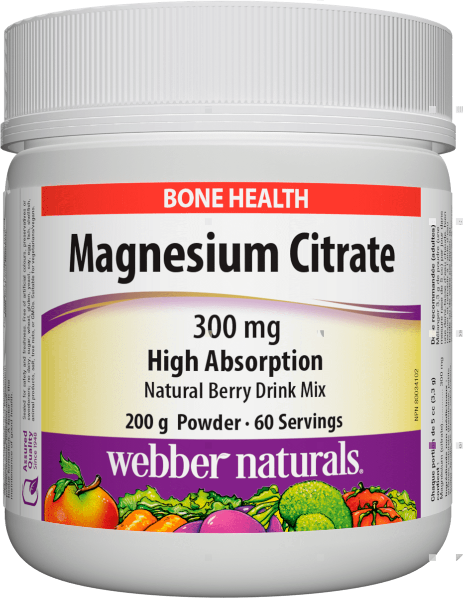 Webber Naturals Magnesium Citrate Powder 300 mg 200g powder berry flavoured Canadian label
