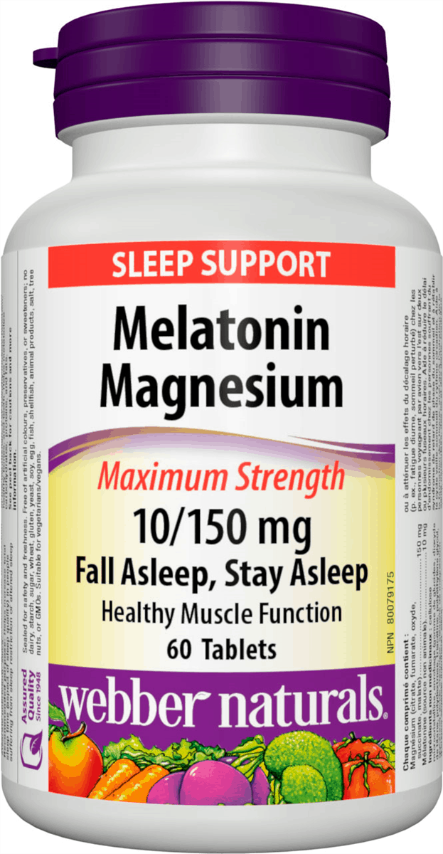 Webber Naturals Melatonin Magnesium 10/150 mg · Maximum Strength 60 Tablets Canadian label