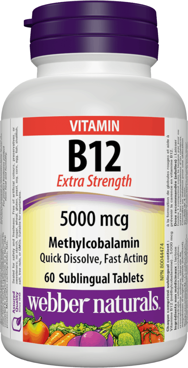 A bottle of Webber Naturals B12 Extra Strength 5000 mcg, with the label showing the brand name, product name, and additional information such as 'Quick Dissolve Fast Action', '60 Sublingual Tablets'. The bottle has a white and purple label, and the product is presented as a dietary supplement. Canada natural vitamin direct