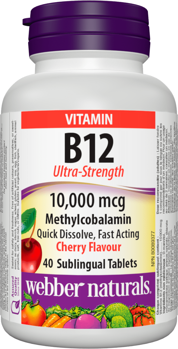 Webber Naturals B12 Ultra Strength 10,000 mcg 40 cherry tablets Canada label