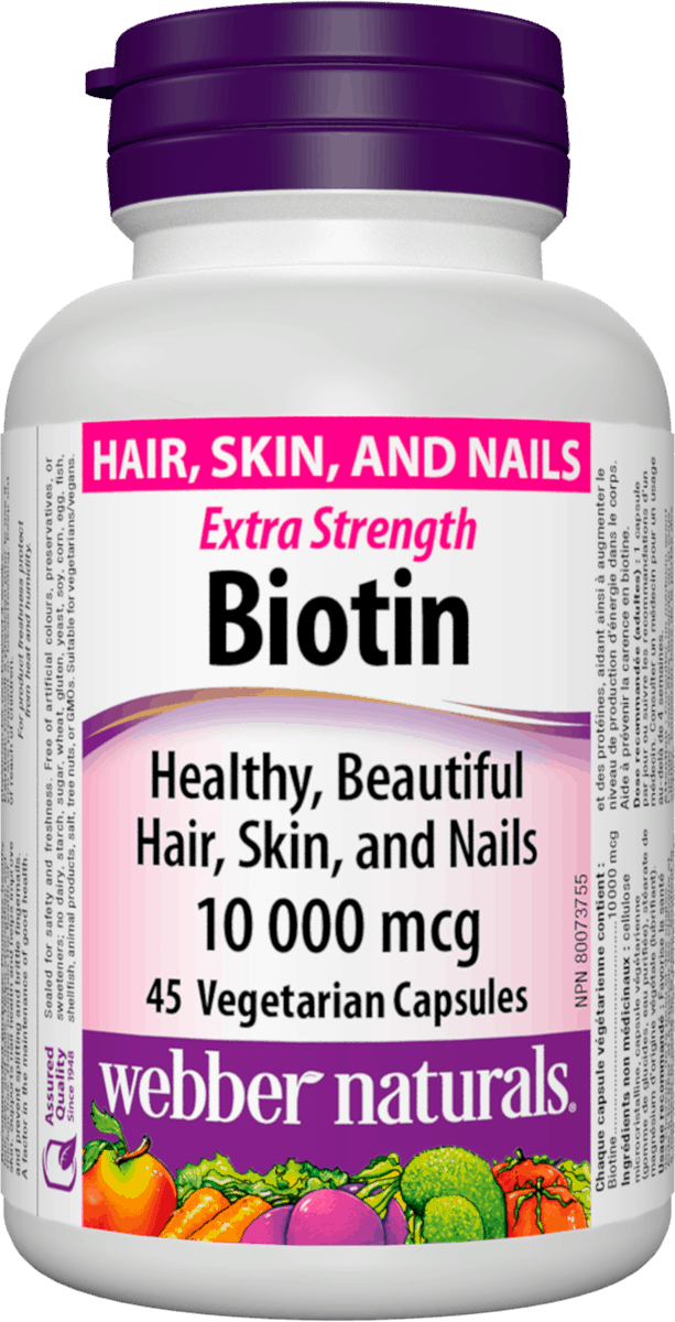 Webber Naturals Biotin 10000mcg 45 vegetarian capsules Canadian label