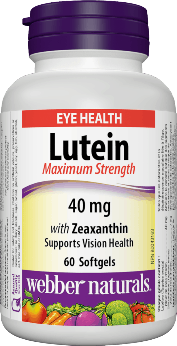 Webber Naturals Lutein Maximum Strength supplement bottle on a white background available from natural vitamin direct inc canada