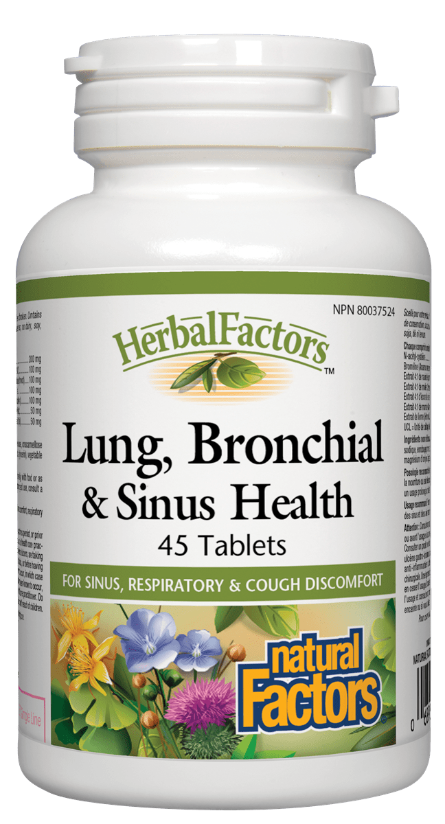 Bottle of Natural Factors Lung, Bronchial & Sinus Health supplements with 45 tablets, featuring illustrations of plants on the label.