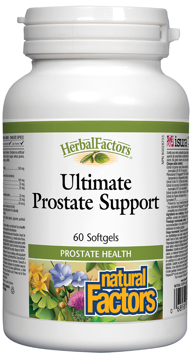 A bottle of Natural Factors Ultimate Prostate Support softgels, containing 60 capsules for prostate health.