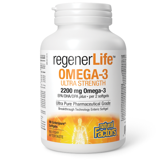 A bottle of Natural Factors RegenerLife Omega-3 2200mg, with 90 Enteripure Sofegels, designed for cardiovascular, cognitive, and joint health support.