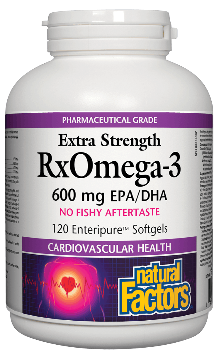 A bottle of Natural Factors RxOmega-3 supplements with 120 softgels for cardiovascular health.