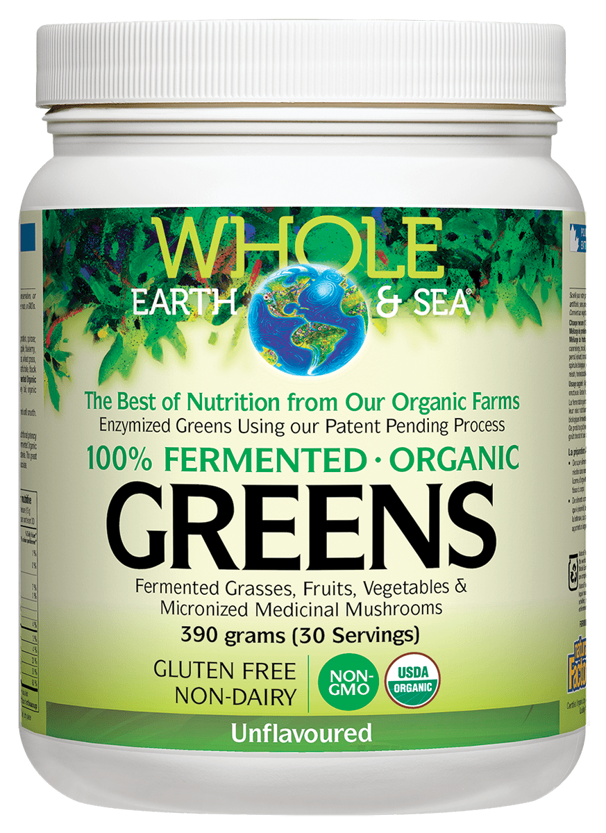 A container of Whole Earth & Sea Fermented Greens powder, which is labeled as 100% Fermented Organic Greens. The product is unflavored and has 390 grams with 50 servings.