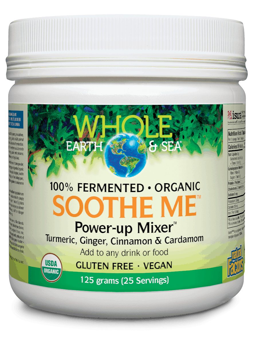 A container of Natural Factors Soothe Me Power-up Mixer with a green and white label, featuring an image of a serene figure mixing spices.