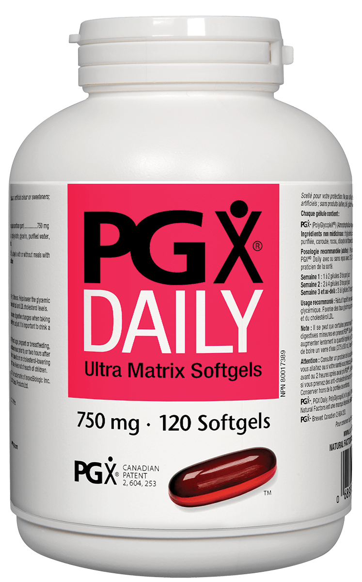 A bottle of Natural Factors PGX Daily Ultra Matrix Softgels, containing 750 mg of PGX PolyGlycopleX per softgel, with a total of 120 softgels in the bottle.