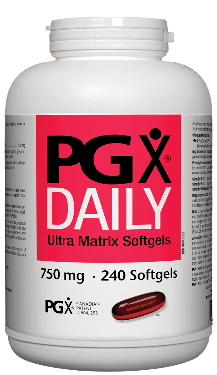 A container of Natural Factors PGX Daily Ultra Matrix softgels, with a label indicating 750 mg of PGX, 240 softgels Canada natural vitamin direct inc