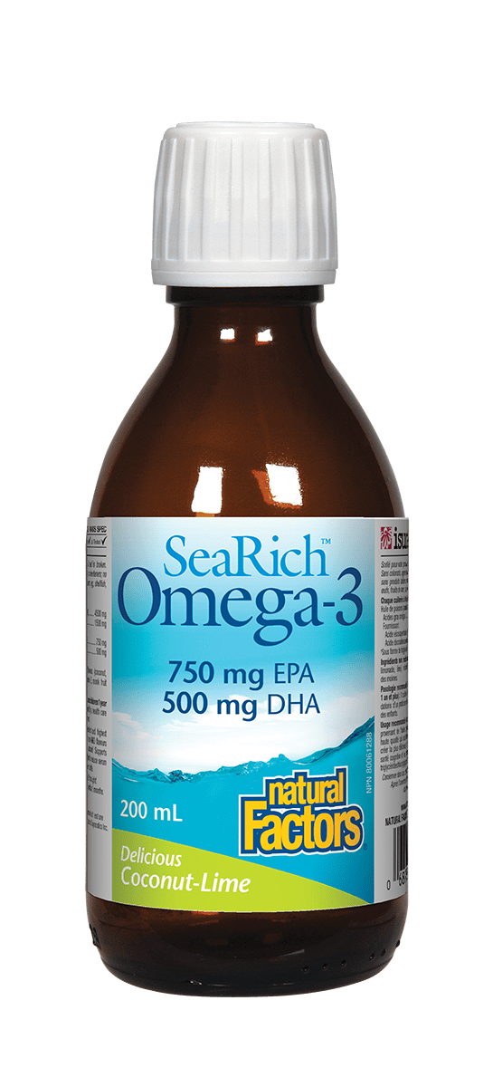 Bottle of Natural Factors SeaRich Omega-3 supplement with 750 mg EPA/500 mg DHA in coconut lime flavor.