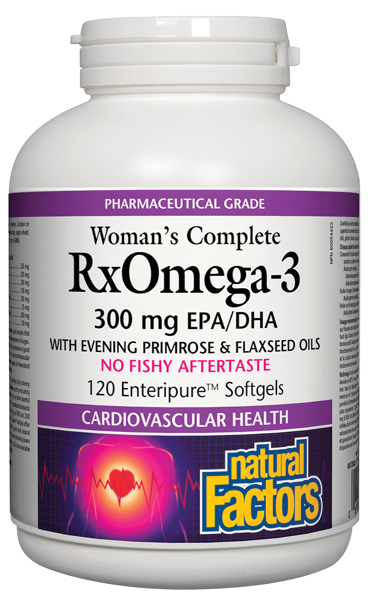 A bottle of Natural Factors Women's Complete RxOmega-3 softgels, 120 count.