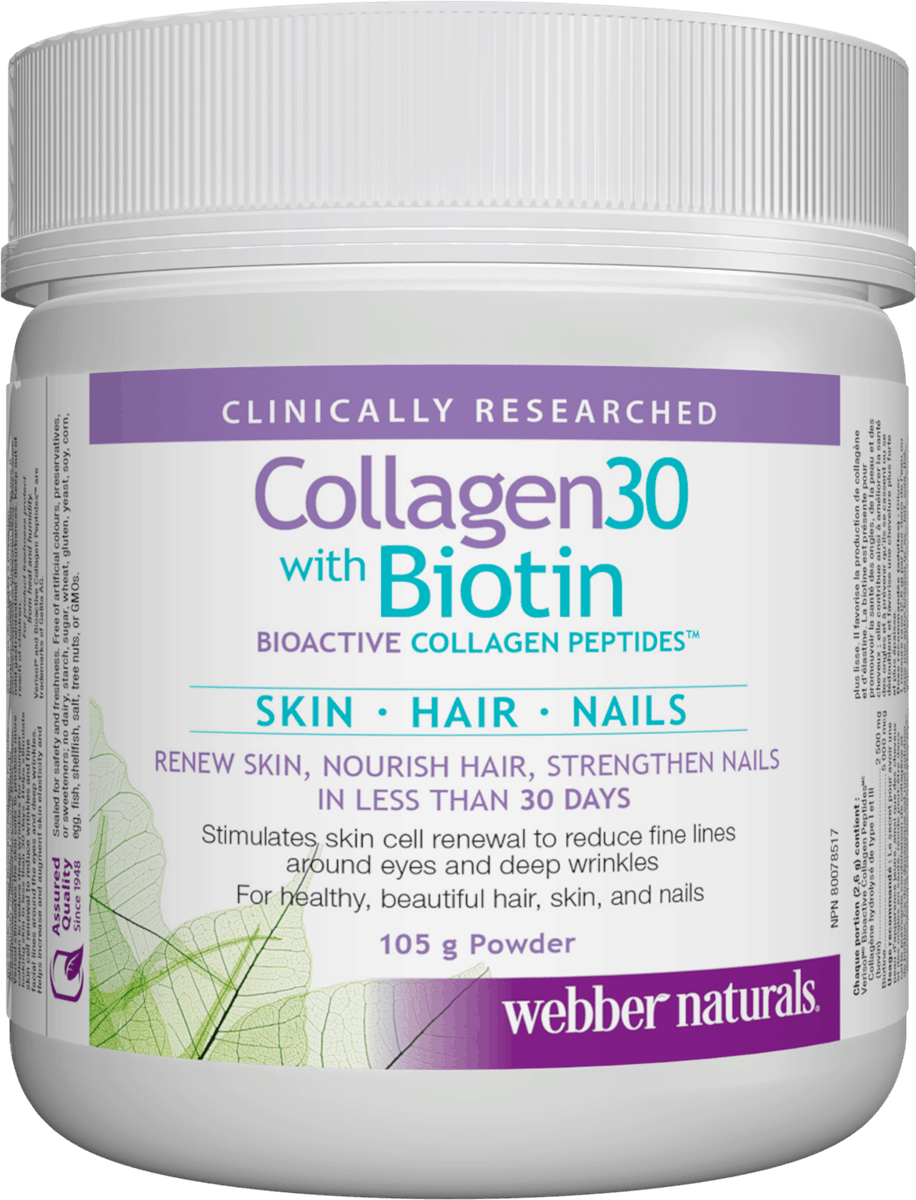 Webber Naturals Collagen30 with Biotin Bioactive Collagen Peptides 105g Canadian label