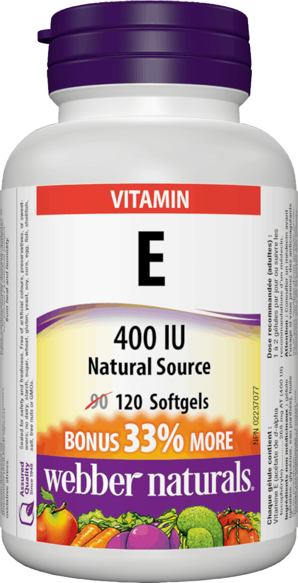 Webber Naturals Vitamin E supplement bottle with purple cap and colorful label. available online at nitvd.com natural vitamin direct inc Canada