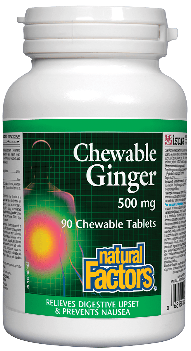 A bottle of Natural Factors Chewable Ginger, with a green and white label featuring an image of ginger and a graphic representation of gingerol, a bioactive ingredient in the product.