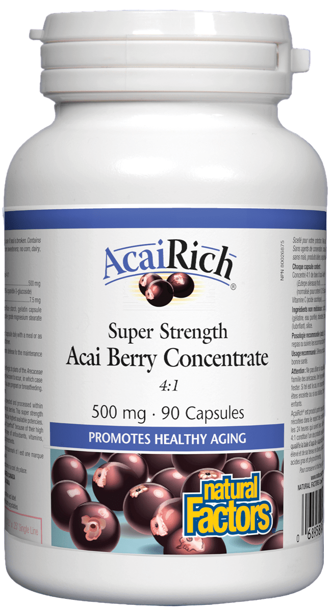 A bottle of Natural Factors AcaiRich, 500mg, 90 caps, super strength acai berry concentrate.  Canadian label sold by nitvd.com
