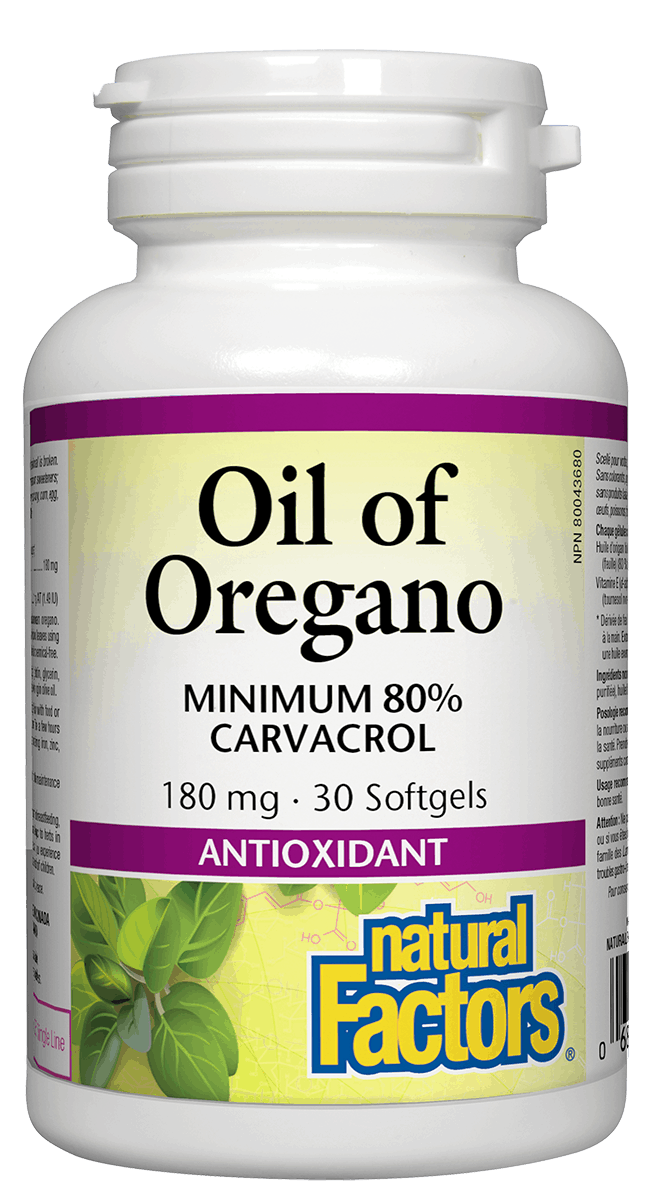 A bottle of Natural Factors Organic Oil of Oregano softgels with a label showing the product name and the minimum 80% carvacrol concentration, alongside an image of oregano leaves.