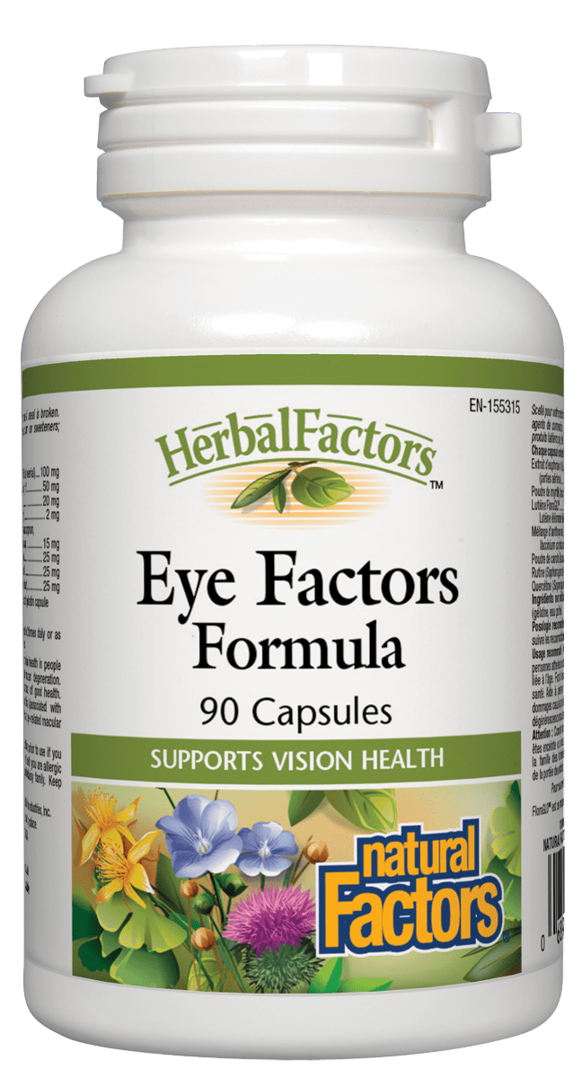 A bottle of Natural Factors Eye Factors Formula with 90 capsules, labeled for supporting vision health.