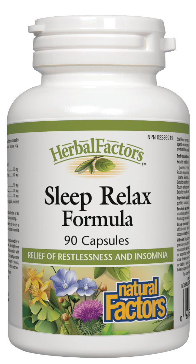 A bottle of Natural Factors Sleep Relax, containing 90 capsules for occasional insomnia and nervous system calming.