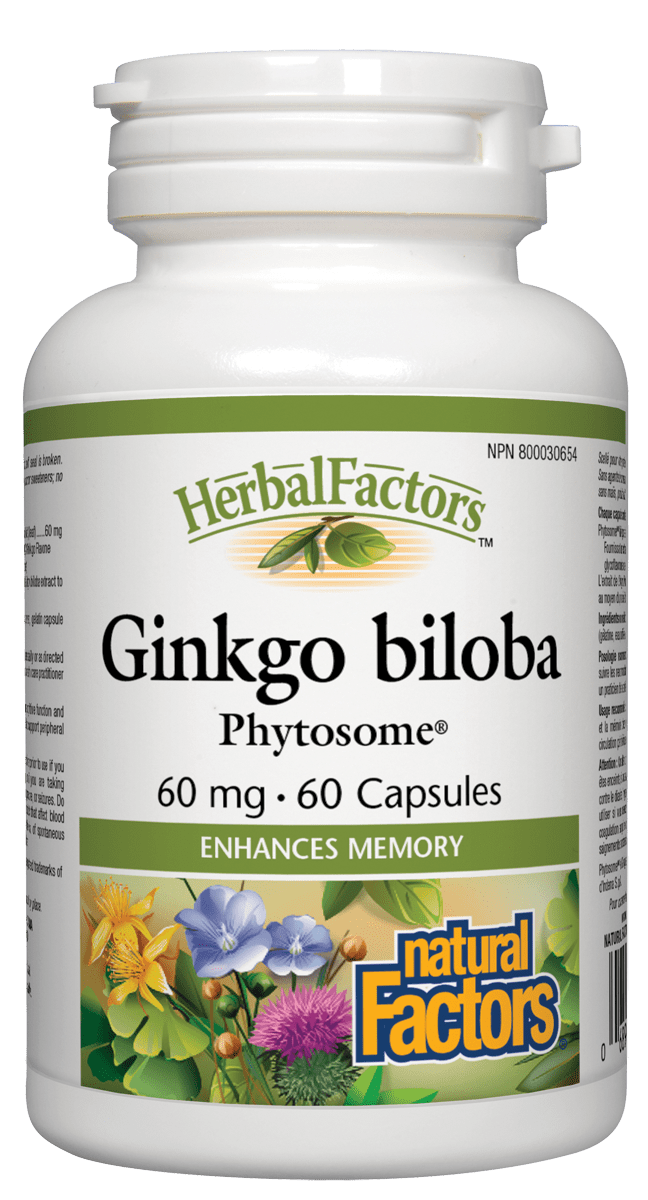 A bottle of Natural Factors Ginkgo Biloba Phytosome, with 60 capsules for memory enhancement. The label includes a green and yellow flower graphic and states that it is a natural product.