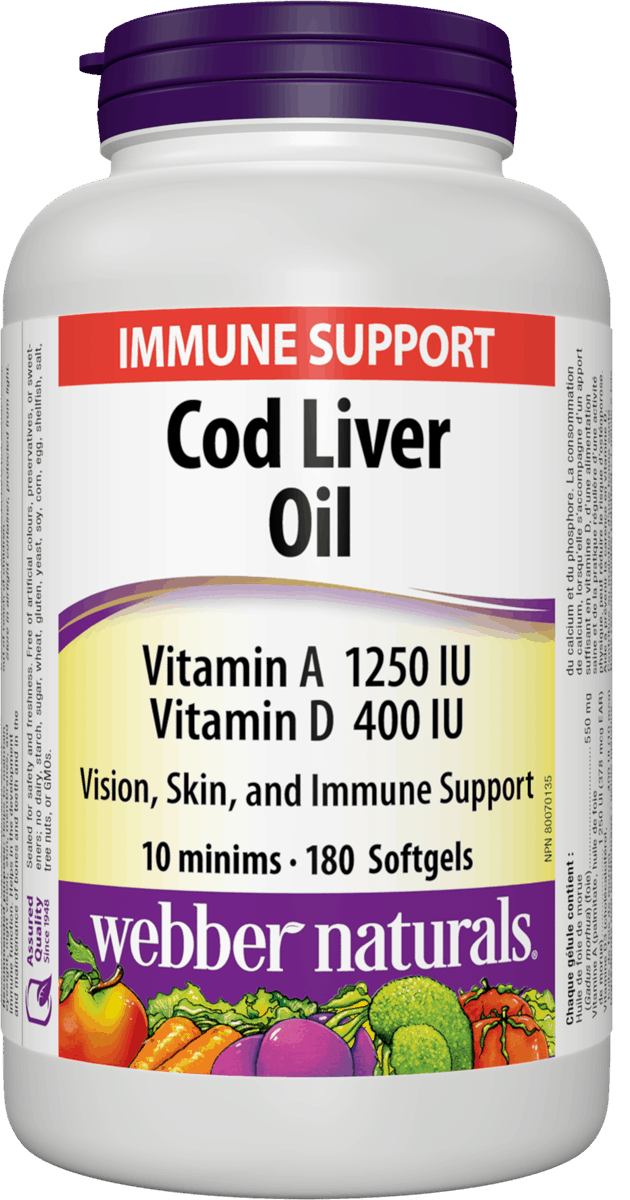 Webber Naturals Cod Liver Oil, 1250IU/100IU, 180 softgels