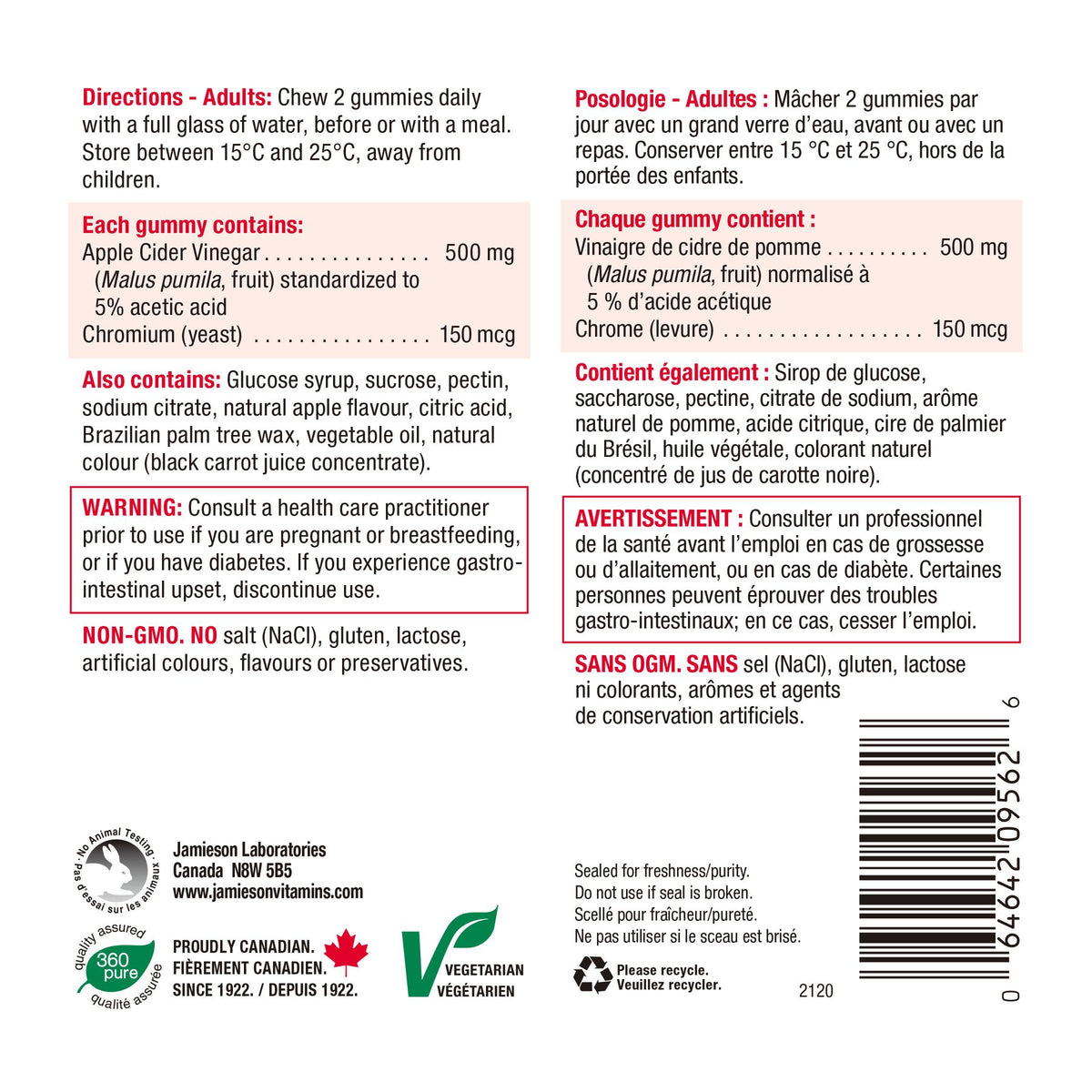 Jamieson Apple Cider Vinegar Gummy, 60 gummies 健美生 ingredients