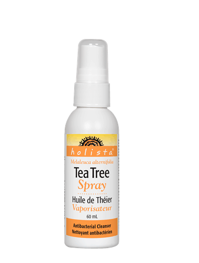 A bottle of Holista Tea Tree Oil Spray with Peppermint Oil, 60mL, with a white spray nozzle. nitvd.com Canada