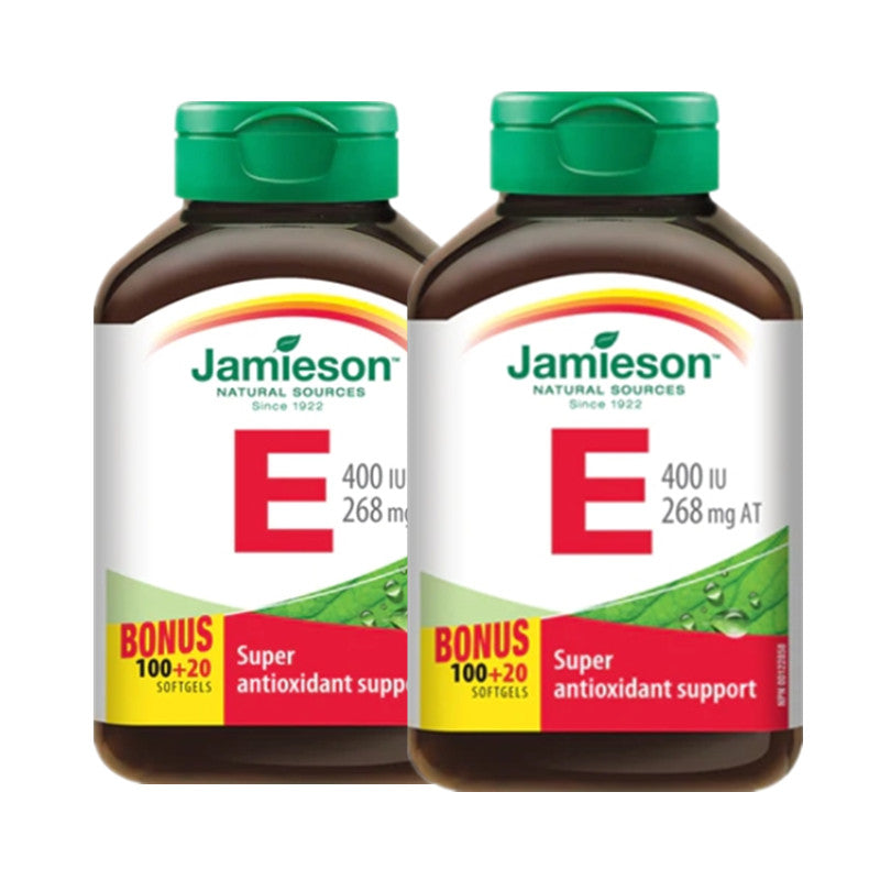 Two bottles of Jamieson Vitamin E supplements on a white background