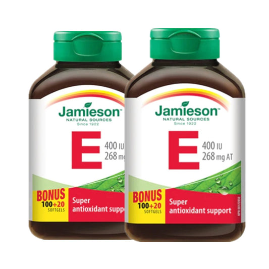 Two bottles of Jamieson Vitamin E supplements on a white background