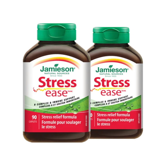 Two bottles of Jamieson Stress Ease supplement on a white background