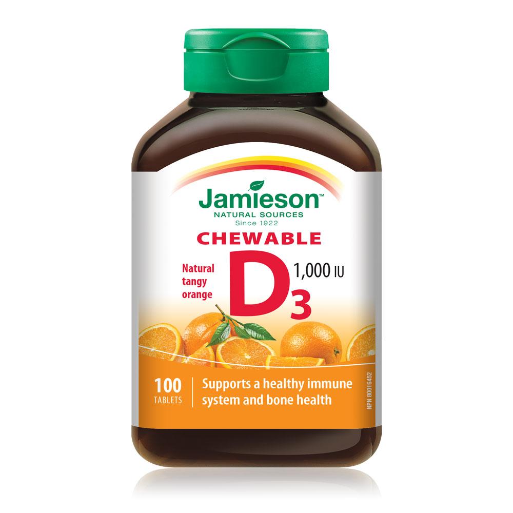Jamieson Chewable Vitamin D, 1000IU, Tangy Orange flavour, 100 tablets 健美生