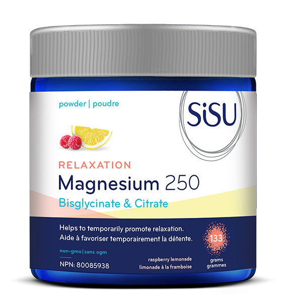 A container of SISU Magnesium 250 in Raspberry Lemonade flavor, which is a powder for dissolving in water. The container is labeled with the product name and description, and displays a raspberry and lemonade graphic.