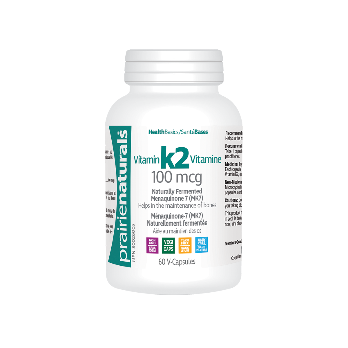 Prairie Naturals Vitamin K2 100 mcg MK-7  60 vegetarian capsules
