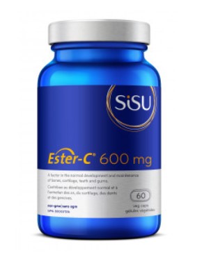 A blue bottle with a label displaying 'SISU Ester-C 600 mg' and '60 vcaps' with additional text describing product benefits.