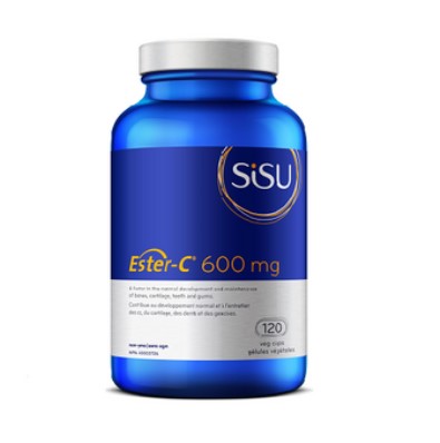 A blue bottle of SISU Ester-C 600 mg dietary supplement with 120 capsules.