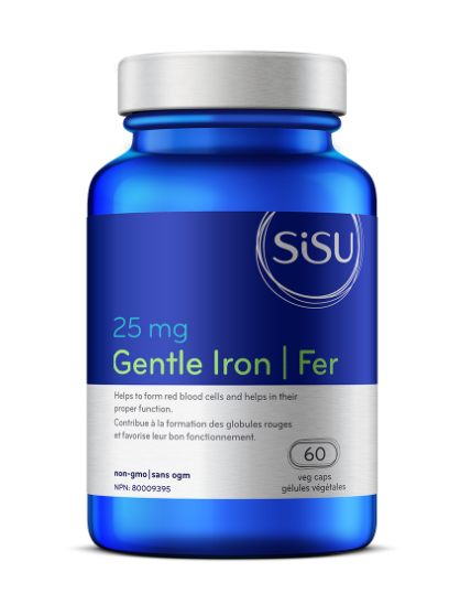 A blue bottle of SISU Gentle Iron 25mg, 90 capsules with the brand and product details printed on the label.
