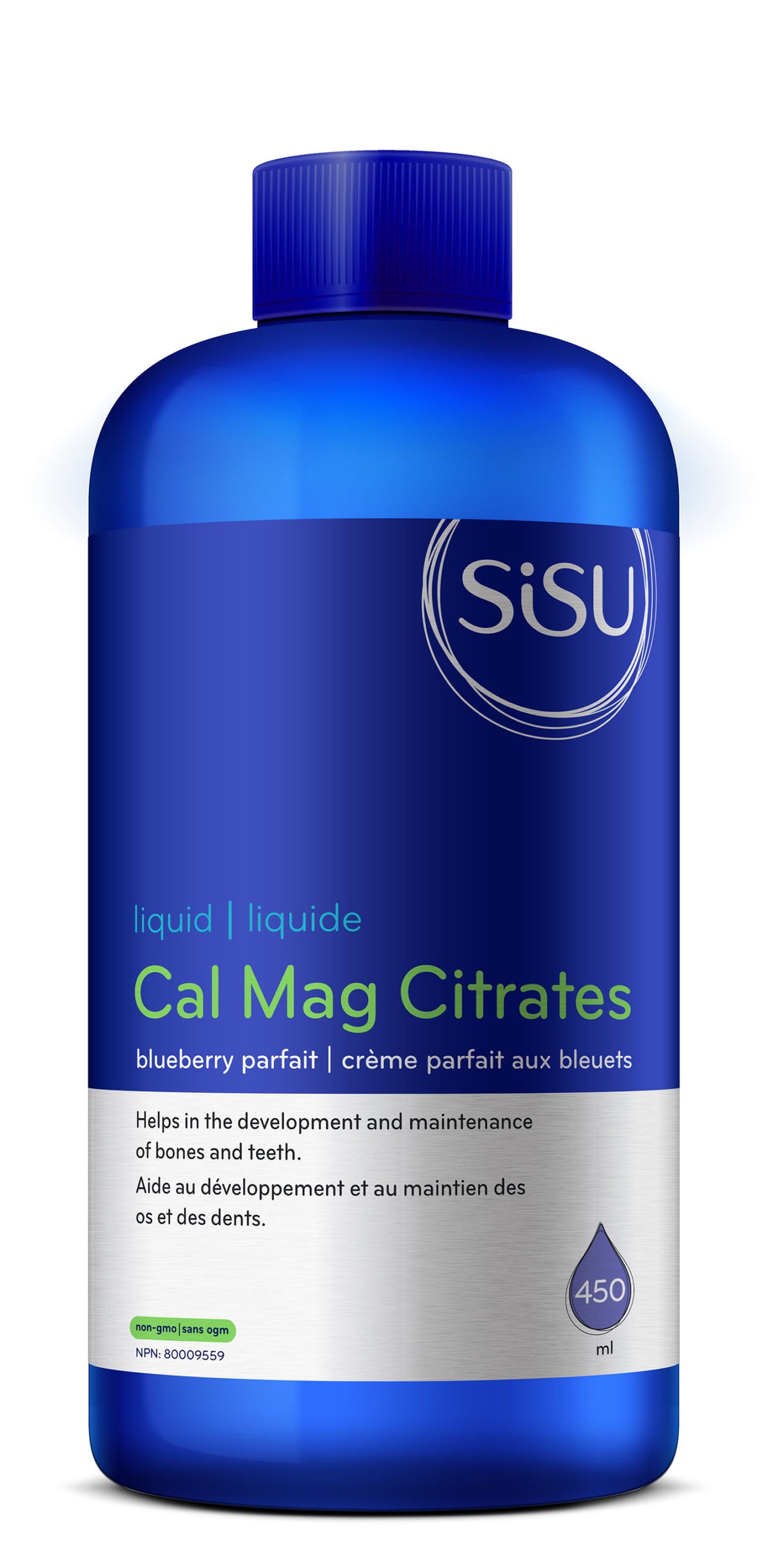 A blue bottle of SISU Calcium & Magnesium Citrates Liquid with D3 Blueberry Parfait flavor, 450ml.