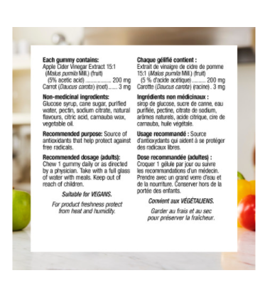 Webber Naturals Apple Cider Vinegar  Apple Flavour 90 gummies Canadian label